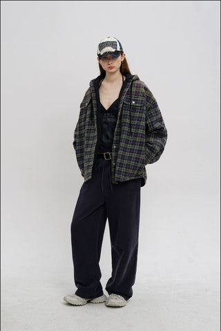 [MASONPRINCE] Faded Plaid Padded Hooded Shirt Jacket