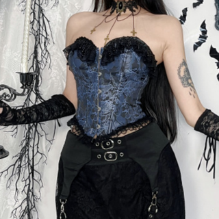 Sweetheart neck lace hem button print tube top