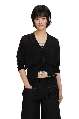 [Moromoro2] Tencel Linen Blend Lace Trim V-Neck  Cardigan