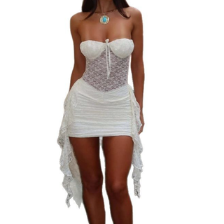 Lace ruched ruffle lace up mini dress