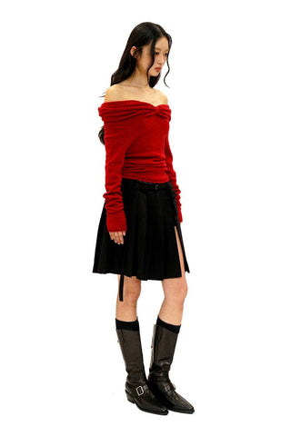 [Moromoro2] Bow Pleated Off-shoulder Knit  Sweater