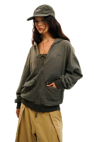 [Moromoro2] Contrast Striped Hooded Cardigan  Set