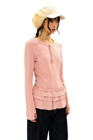 [Moromoro2] Soft Ribbed Lace Trim Long Sleeve  Top