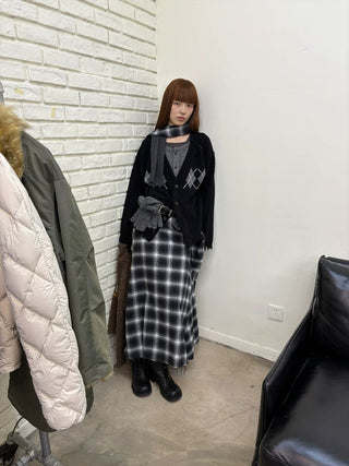 [NeverSeez] Argyle Layered Knit Cardigan