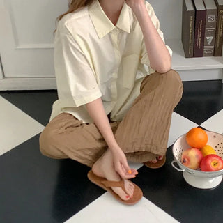 Side-slit cotton short-sleeved shirt