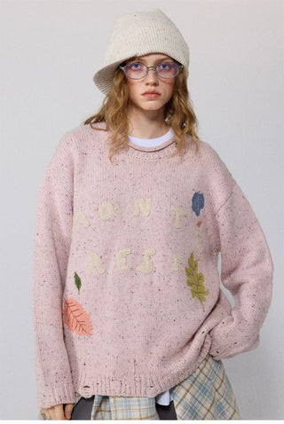 [Monterest] Distressed Crewneck Embroidered Sweater