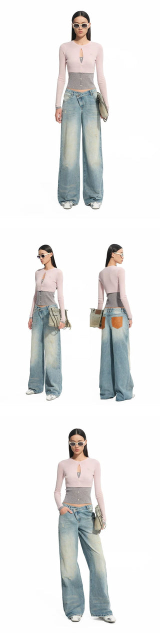 [NOTAWEAR] Washed Leather Pocket Low Rise Wide  Jeans