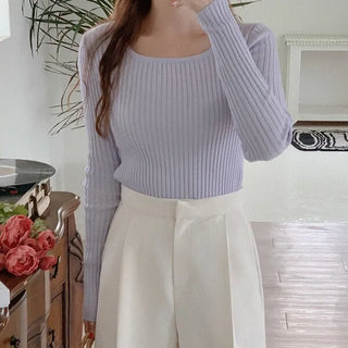 (5 colors) Ribbed Square Neck Knit Top