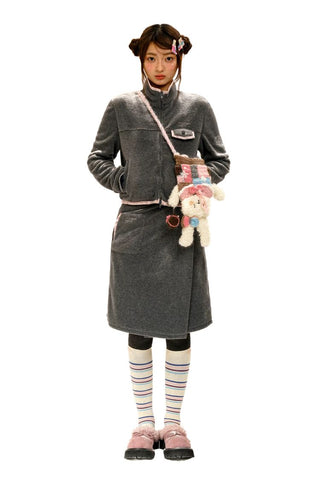 [Moromoro2] Fleece High Neck Jacket & A-Line Skirt  Set