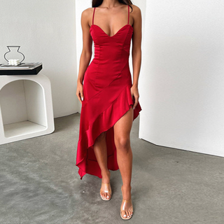 Slit ruffle v neck solid cami midi dress
