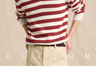 [CULTUM] Cotton Striped Open Collar Knit Sweater