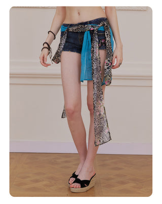 [NECY] New Vintage Floral Leopard Ribbon Denim Shorts