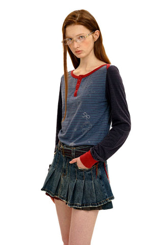 [Moromoro2] Contrast Stripe Rhinestone Long Sleeve  Tee