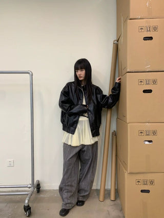 [NEVERSEEZ] Stand Collar Oversized PU Jacket