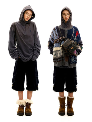 [Moromoro2] Striped Henry Collar Hooded Long Sleeve  Tee
