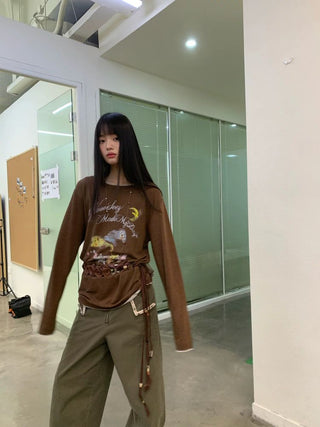 [NEVERSEEZ] Linen Blend Layered Neckline Long Sleeve Tee