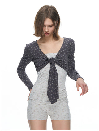 [NECY] Fog Grey Floral Fake Knot Top & Suspender Jumpsuit