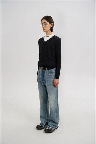 [MASONPRINCE] Distressed High-Waist Denim Jeans