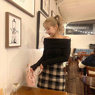 Wool check mini skirt