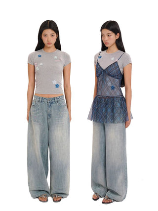 [Moromoro2] Rhinestone Bow Embroidered  Denim