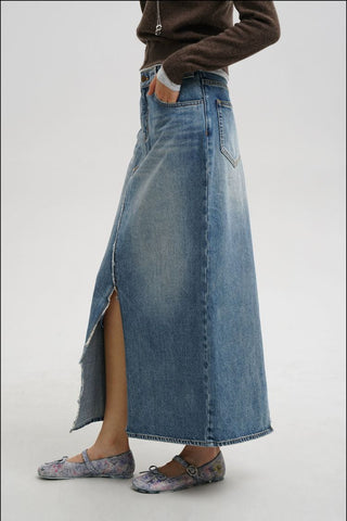 [MASONPRINCE] Faded Raw Hem Denim Maxi Skirt