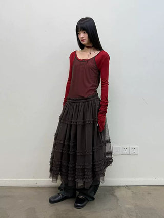 [NeverSeez] Pleated Layered Mesh Cami Dress