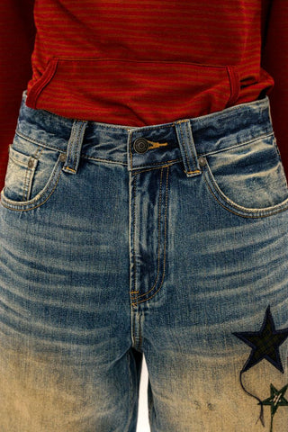 [Moromoro2] Star Plaid Patch Washed Straight  Jeans