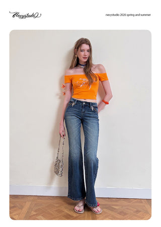 [NECY] Cross Zip Pocket Washed Slim Flare Jeans