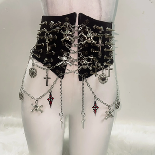 Rivet harness skull applique corset slit mini skirt set