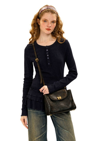 [Moromoro2] Soft Ribbed Lace Trim Long Sleeve  Top