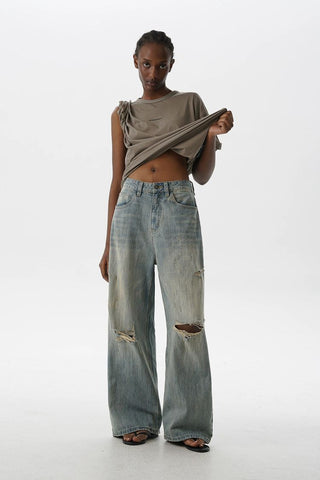 [MASONPRINCE] Washed Distressed Wide Leg Jeans