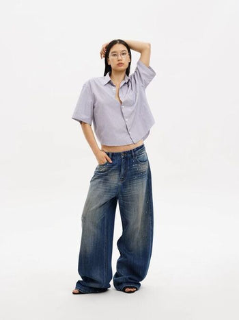 [MASONPRINCE] Studded Wide Leg Distressed Jeans