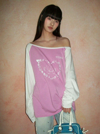 [Moromoro2] Y2K Bunny Print Wide Neckline Raglan  Tee