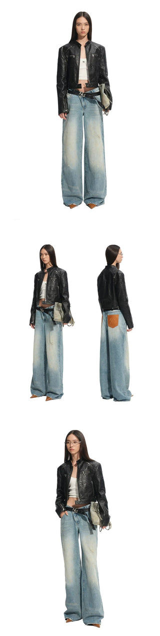 [NOTAWEAR] Washed Leather Pocket Low Rise Wide  Jeans