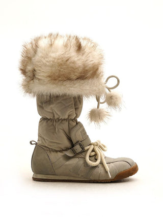 [Moromoro2] Furry Ball Patchwork Leather Boxing  Boots