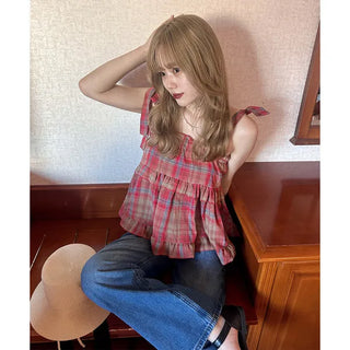 Checked ribbon blouse