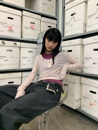 [NEVERSEEZ] Lyocell Wool Blend Henley Long Sleeve Tee