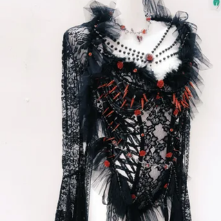 Long sleeve lace rivet beaded 2 piece top