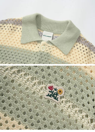 [Monterest] Open Knit Striped Short Sleeve Cardigan