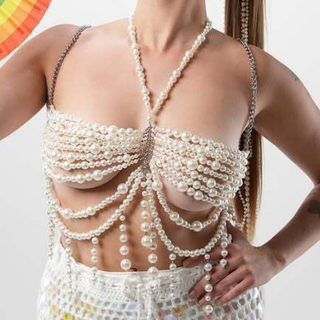 Metal chain beaded halter backless top