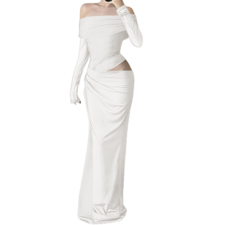 Long sleeve off shoulder mesh hollow out cut out maxi dress