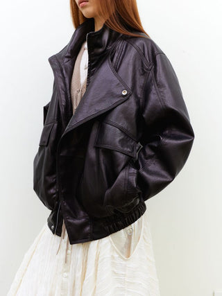 [NeverSeez] Stand Collar Asymmetrical PU Leather Jacket