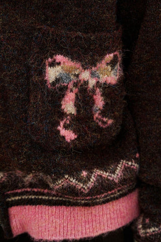 [Moromoro2] Fair Isle Bow Pocket Retro Collar  Cardigan