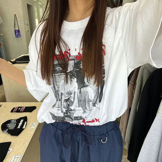 Loose-fitting photo print short-sleeved T-shirt