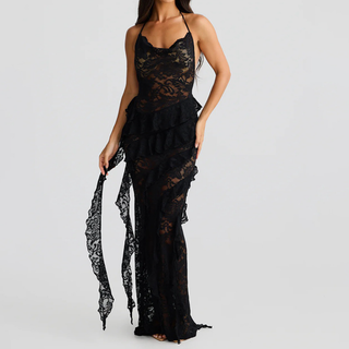 Halter lace ruffle backless maxi dress