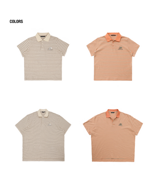 [MASONPRINCE] Distressed Striped Embroidered Polo Shirt