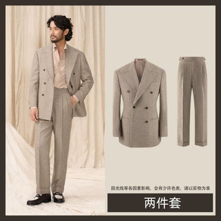 [CULTUM] Wool Blend Herringbone Double-Breasted Suit