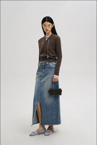 [MASONPRINCE] Faded Raw Hem Denim Maxi Skirt