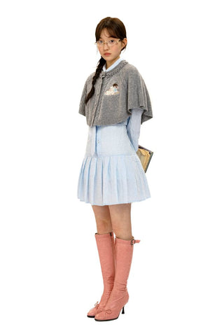 [Moromoro2] Crinkle Tie-Neck Pleated Shirt  Dress