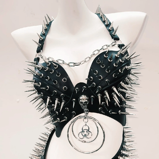 PU leather rivet skull applique cross back short pant set